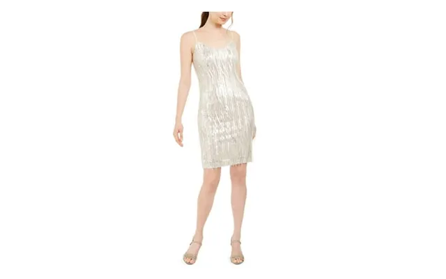 Calvin Klein Womens Beige Fringed Zippered Sequined Striped Spaghetti Strap V Neck Above The Knee Party Sheath Dress 4 product image