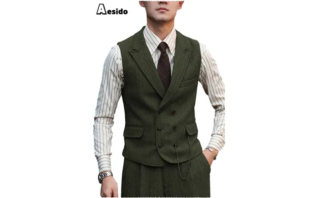 Aesido Double Breasted Peak Lapel Mens Waistcoat - Army Green M