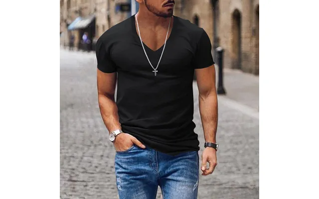 Men's V Neck Solid Color Casual Short Sleeved T Shirt - Black M