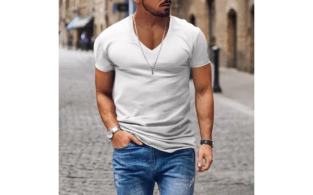 Men's V Neck Solid Color Casual Short Sleeved T Shirt - White