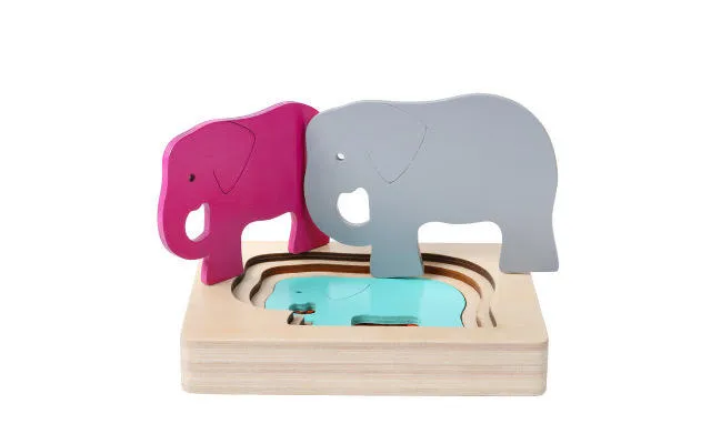 Custom Children Wooden 5 Layer Whale Elephant 3d Cartoon Jigsaw Puzzle Montessori Educational Shapes Toys For Kids