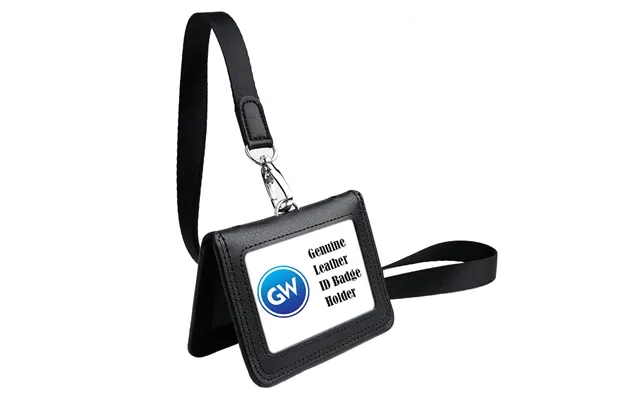 Genuine Leather Folded Badge Holder 2 Pockets Id Wallet Pouch With Polyester Lanyard Neck Strap Buck Sale
