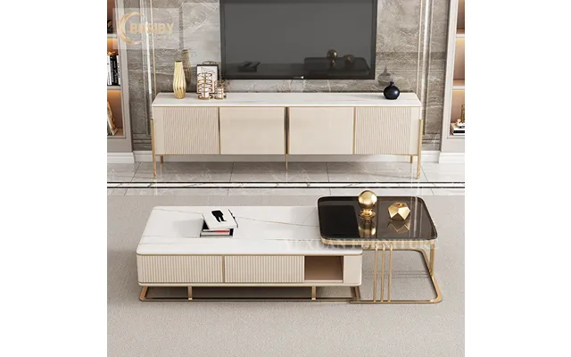 Luxury Modern Living Room Furniture Tv Unit And Coffee Table Set With Marble Top