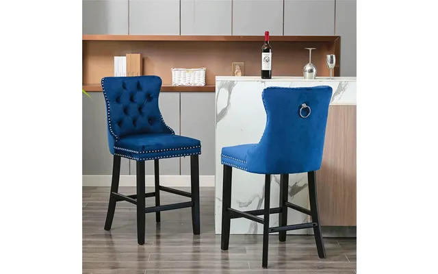 Modern Blue Velvet Upholstered Bar Stool With Rivet High Back And Wooded Foot American Style For Home School Or Dining