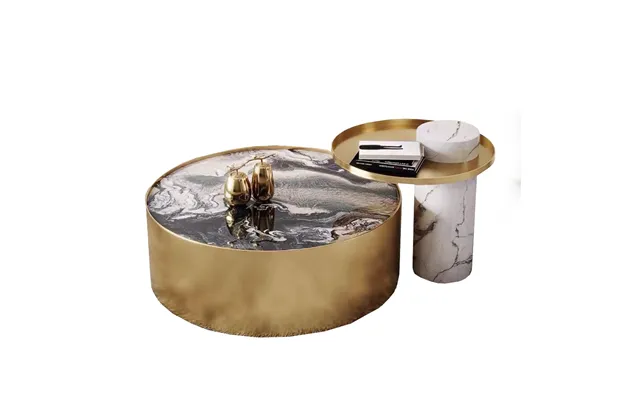 Modern Coffee Table Set Of 2 Pieces Gold Metal Stainless Steel Base Round Marble Center Table Living Room Centre Furnitu