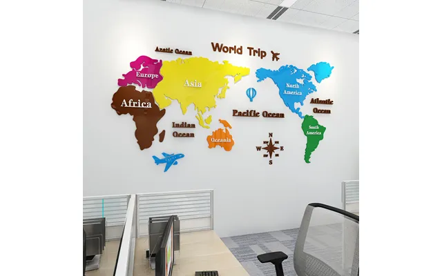 Office Wall Decoration 3d Self Adhesive Colorful World Map Acrylic Sticker
