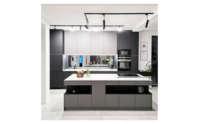 Ready To Assemble Automatic Lifting Valued Matt Pantry Modular Flat Pack Grey Oak Solid Wood Kitchen Cabinet