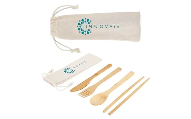 100 Custom Bamboo Cutlery Set In Cotton Drawstring Pouch - .