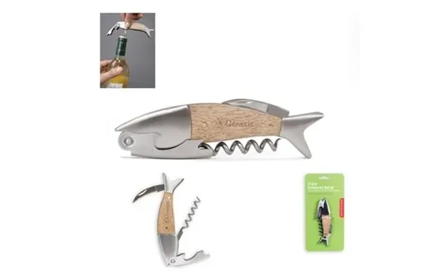 50 Promotional Kikkerland Fish Corkscrew - Stainless Steel & Oak