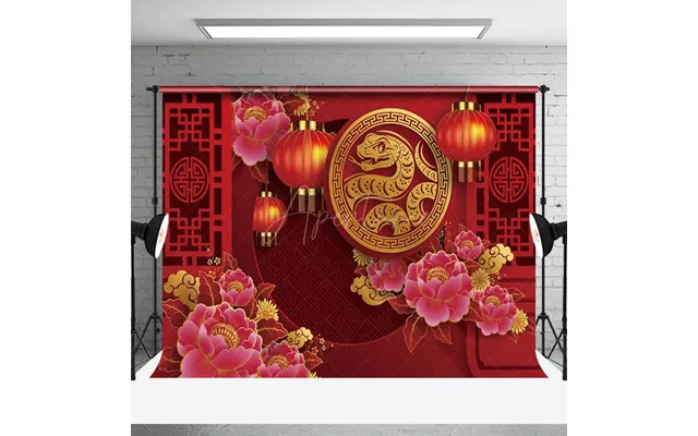 Aperturee Golden Snake Peony Lanterns Red New Year Backdrop - Aperturee