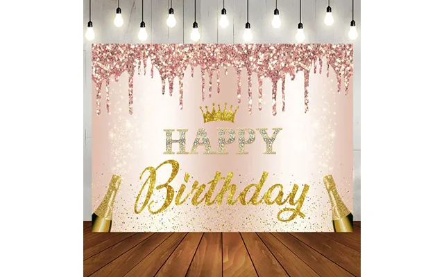 Aperturee Pink Glitter Crown Champagne Happy Birthday Backdrop - Aperturee