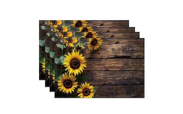 Aperturee Vintage Brown Wooden Sunflower Set Of 4 Placemats - 14x12 Inch