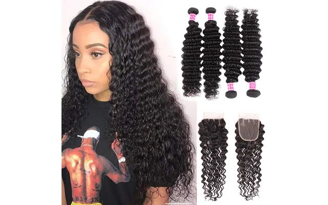 Luxurious Deep Wave 4 Bundles With Closure Natural Color - 18 20 22 24 16closure