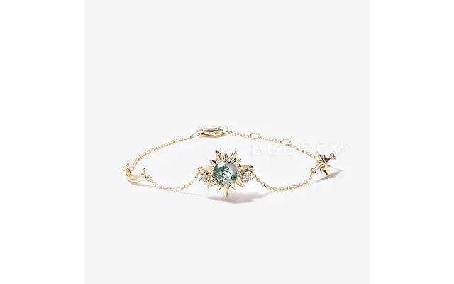 14k Solid Gold Sun Bracelet Natural Green Moss Agate Wedding Bracelet