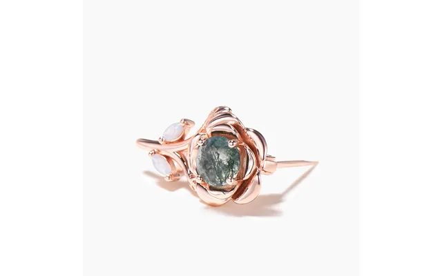 Round Cut Moss Agate Rose Gold Marquise Opal Flower Nature Inspired Brooch