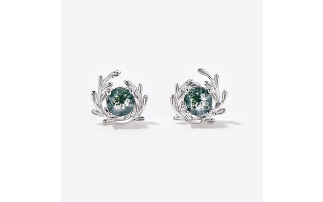 Round Natural Moss Agate Leaf Stud Earrings 14k White Gold Boho Earrings