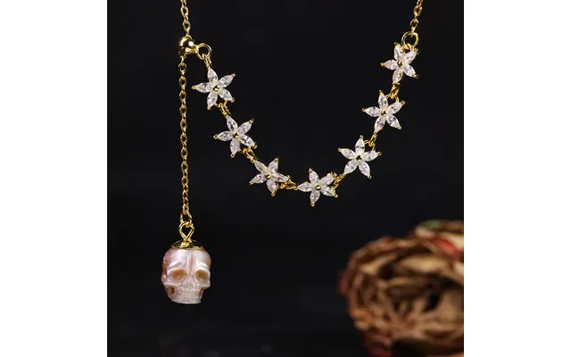 Dainty Pearl Skull Lily Gold Marquise Cut Cz Necklace - Light Orchid