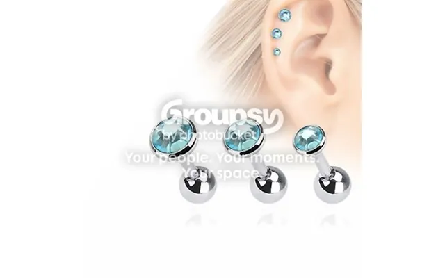 Pack Of 3 - 16 Gauge Cartilage Tragus Rook Daith Barbells With Aqua Cz Gems