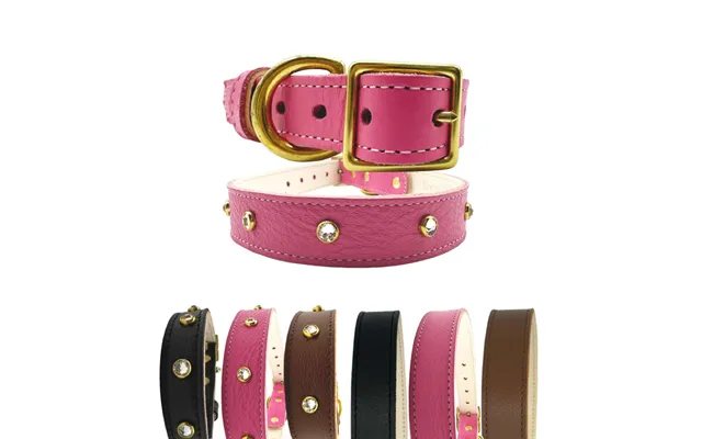 Plain Leather Dog Collar - With Crystal Medium Bright Pink