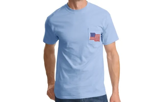 American Patriotic T-shirt Usa Waving Flag Embroidered Patch Pocket Light Blue