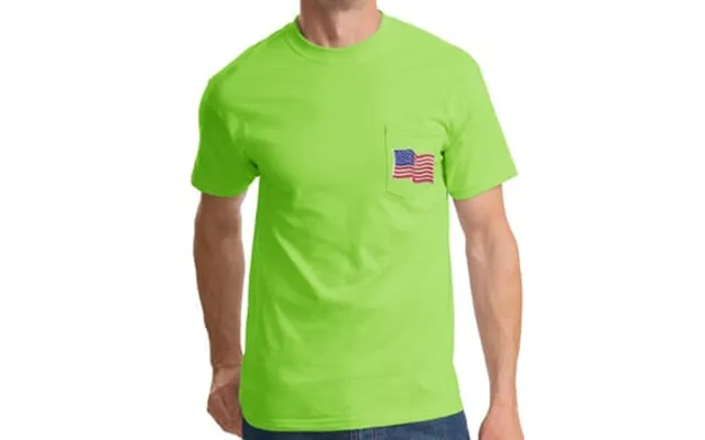 Patriotic American T-shirt Usa Waving Flag Embroidered Patch Pocket Lime Green