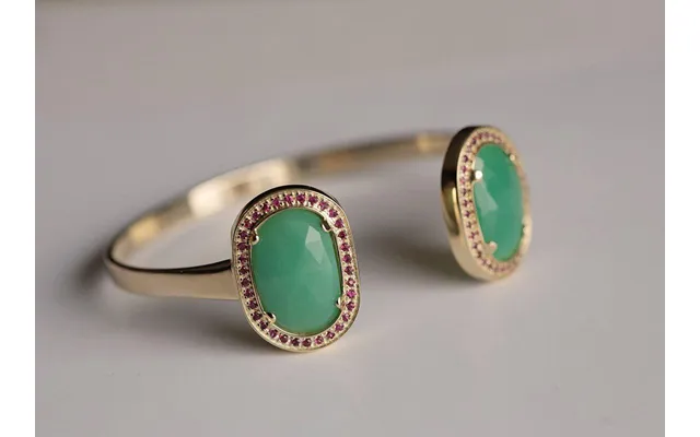 Wide Cuff Gold Bracelets With Chrysoprase Gems & Ruby Halos - 18k Rose Gold