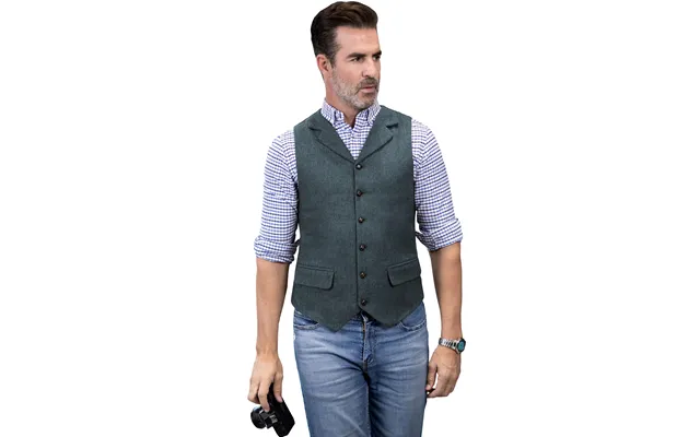 Ceehuteey Men's Vest Tweed Herringbone Notch Lapel Waistcoat - Light Navy Xl