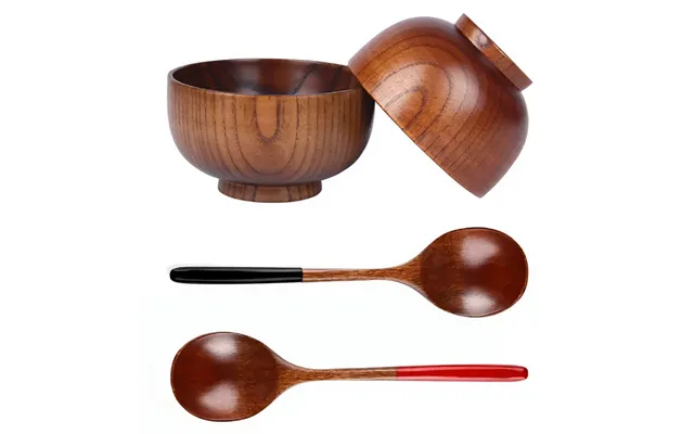 Anygleam Brown 4pcs Wooden Bowl Spoon Set Kitchen Tableware