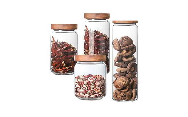Anygleam Condiments Container 4pcs Glass Jar Storage With Airtight Wooden Lids Canister
