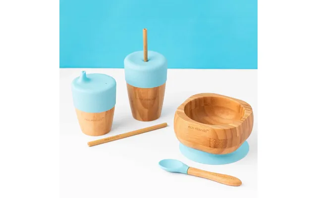 Bamboo Suction Bowl, Spoon, Sippy Cup, Straw Cup And Five Straw Bundle - Blue