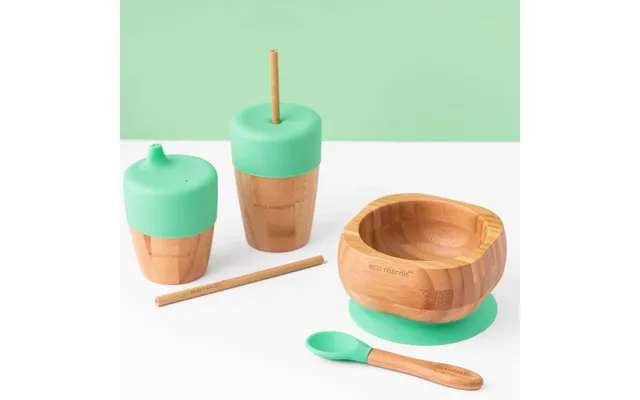 Bamboo Suction Bowl, Spoon, Sippy Cup, Straw Cup And Five Straw Bundle - Green