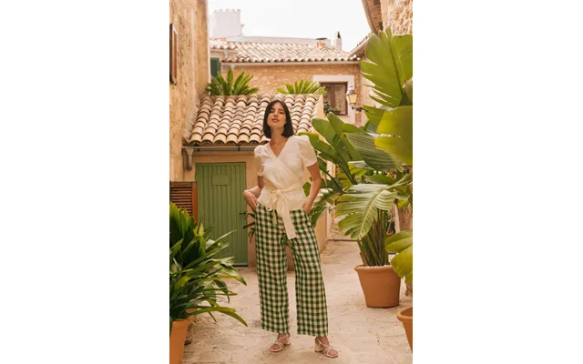 Barbora Straight Linen Pants In Green Gingham Size M