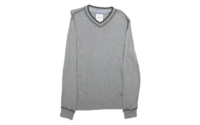 Esprit Mens Grey Plain Cotton Jumper V-neck Basic Knit L Casual Comfortable