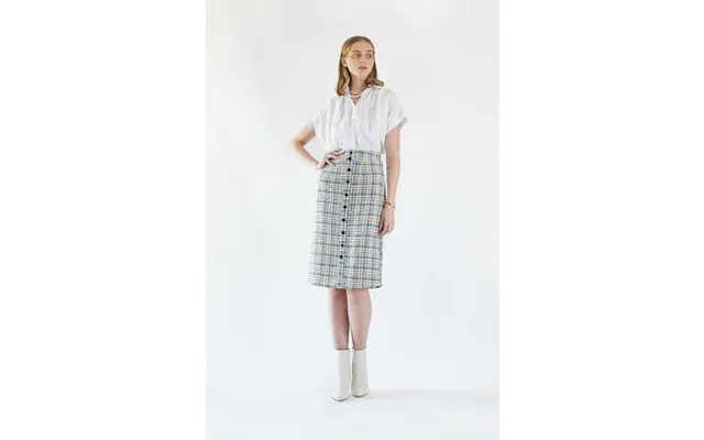 Luxe Plaid Tweed Pencil Skirt Women’s Chic Tweed Skirt Size M Color White Gold Blue