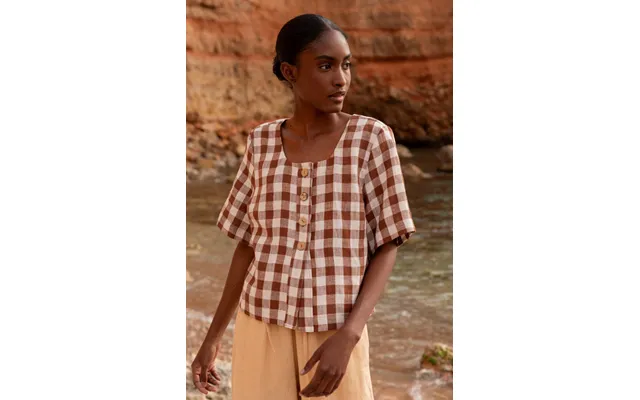 Maeve Button Linen Top In Mocha Gingham Size Xl