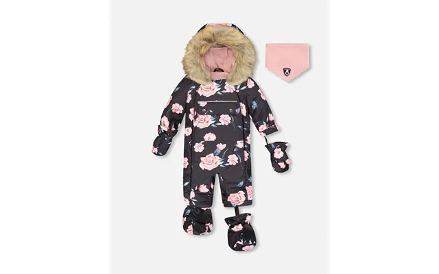 One Piece Baby Car Seat Snowsuit Black With Rose Print - 30m