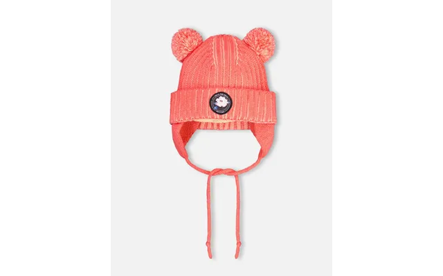 Two Pompoms Knit Hat With Earflap In Coral - 2 4