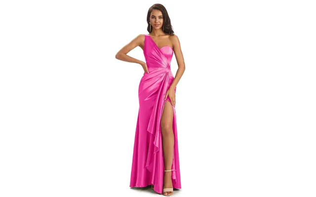 Elegant Soft Satin Side Slit One Shoulder Sexy Mermaid Long Boho Wedding Guest Dress - Azalea
