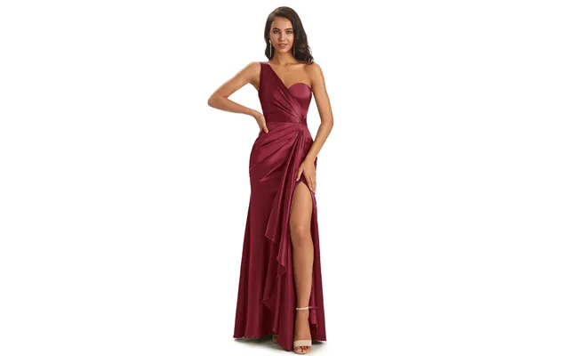 Elegant Soft Satin Side Slit One Shoulder Sexy Mermaid Long Boho Wedding Guest Dress - Mulberry