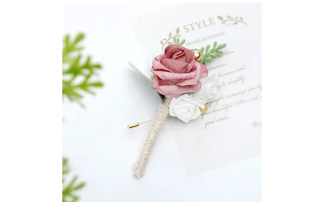 New Wedding Men Boutonniere Groomsman Brooch Mori Flowers Green Leaves, Cg6693 - Pink