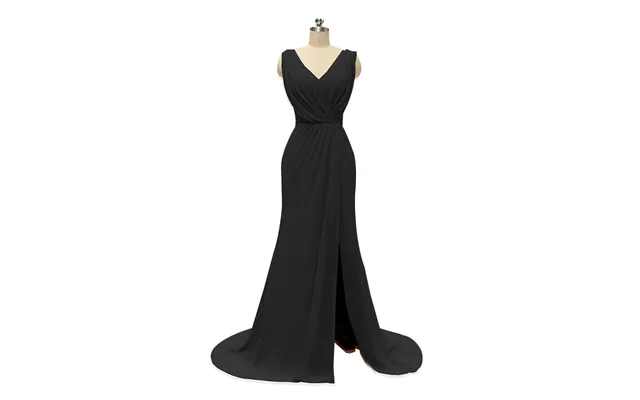 V Neck Chiffon Long Bridesmaid Dresses With Slit - Black