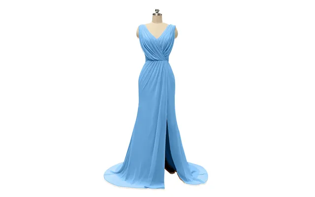 V Neck Chiffon Long Bridesmaid Dresses With Slit - Blue