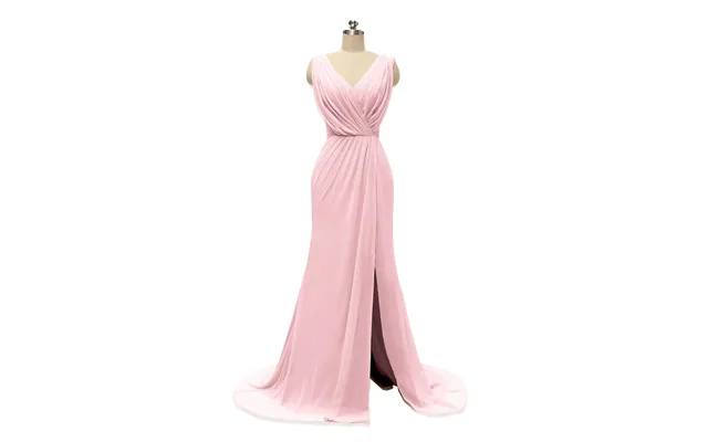 V Neck Chiffon Long Bridesmaid Dresses With Slit - Blushing-pink
