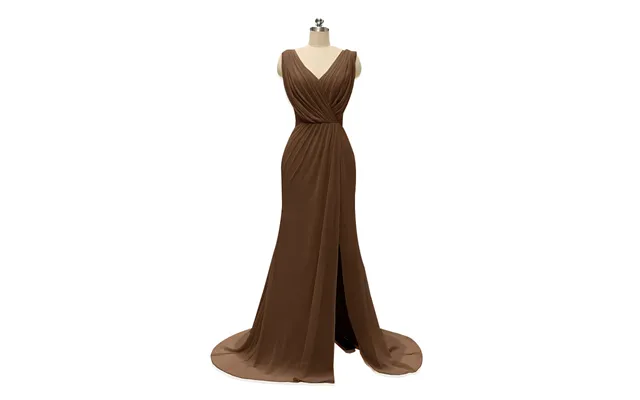 V Neck Chiffon Long Bridesmaid Dresses With Slit - Brown