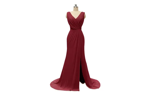 V Neck Chiffon Long Bridesmaid Dresses With Slit - Burgundy