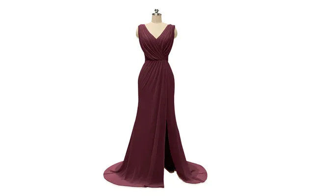 V Neck Chiffon Long Bridesmaid Dresses With Slit - Cabernet