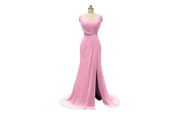 V Neck Chiffon Long Bridesmaid Dresses With Slit - Candy-pink