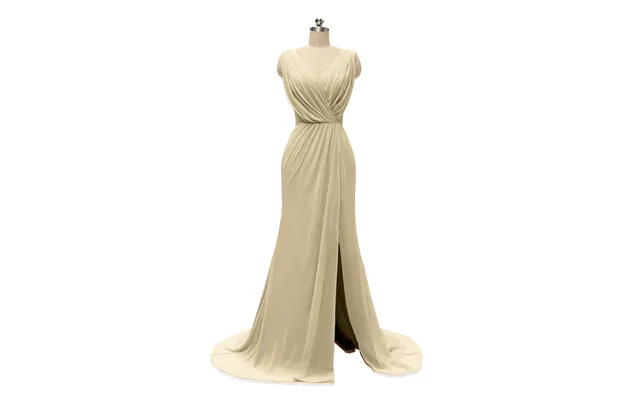 V Neck Chiffon Long Bridesmaid Dresses With Slit - Champagne