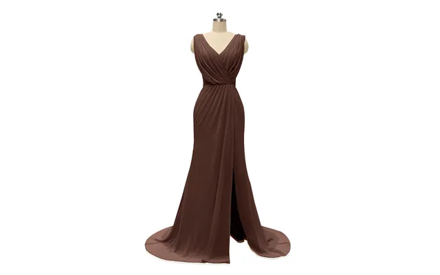V Neck Chiffon Long Bridesmaid Dresses With Slit - Chocolate