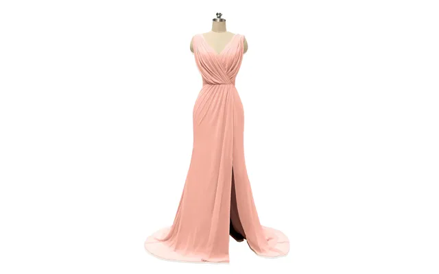 V Neck Chiffon Long Bridesmaid Dresses With Slit - Coral